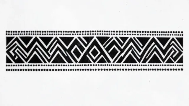 Polynesian tribal armband tattoo with geometric blackwork triangles, zigzags and dotwork on white paper