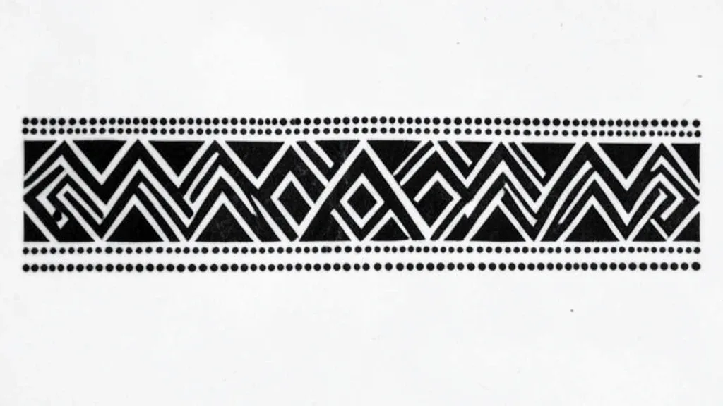 Polynesian tribal armband tattoo with geometric blackwork triangles, zigzags and dotwork on white paper