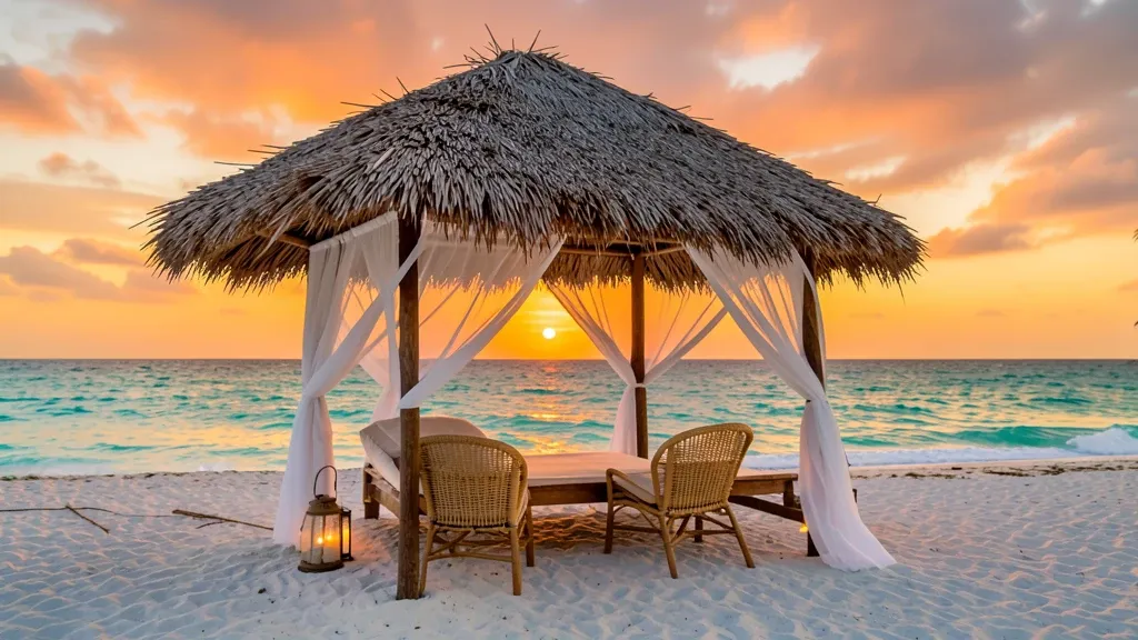 Thatched beach cabana with blowing sheer curtains, woven chairs, turquoise ocean, and orange sunset sky
