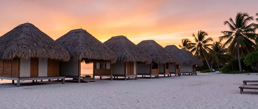 Row of thatched beach huts on white sand with palm silhouettes against orange and pink sunset sky