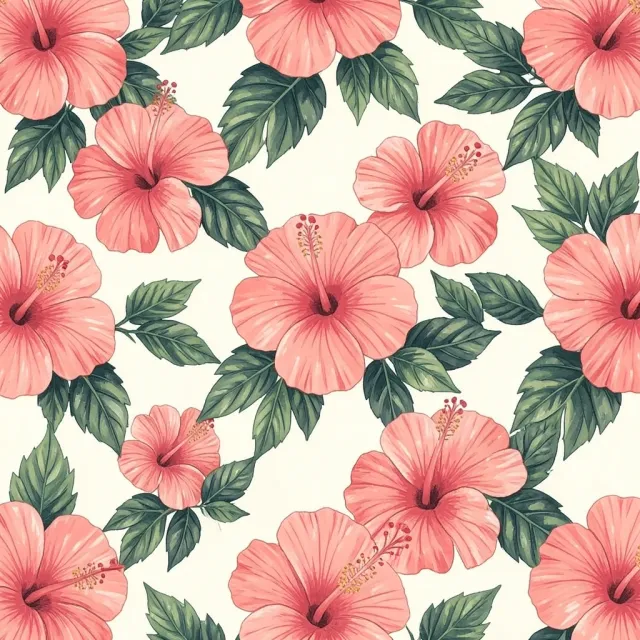 Seamless tropical hibiscus flower pattern in coral pink and green on a cream background