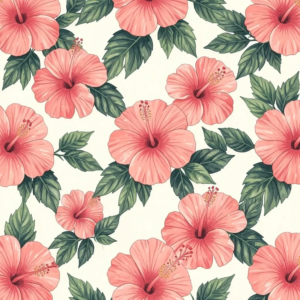 Seamless tropical hibiscus flower pattern in coral pink and green on a cream background