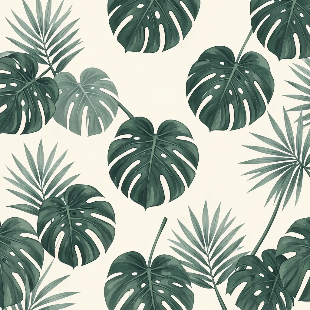 Seamless tropical monstera and palm leaf pattern in deep green and sage on a cream background