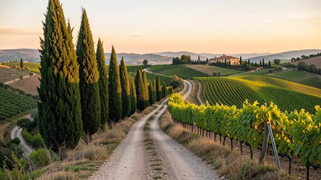 Rolling Tuscan hills with cypress-lined road, farmhouse, and vineyards in golden light
