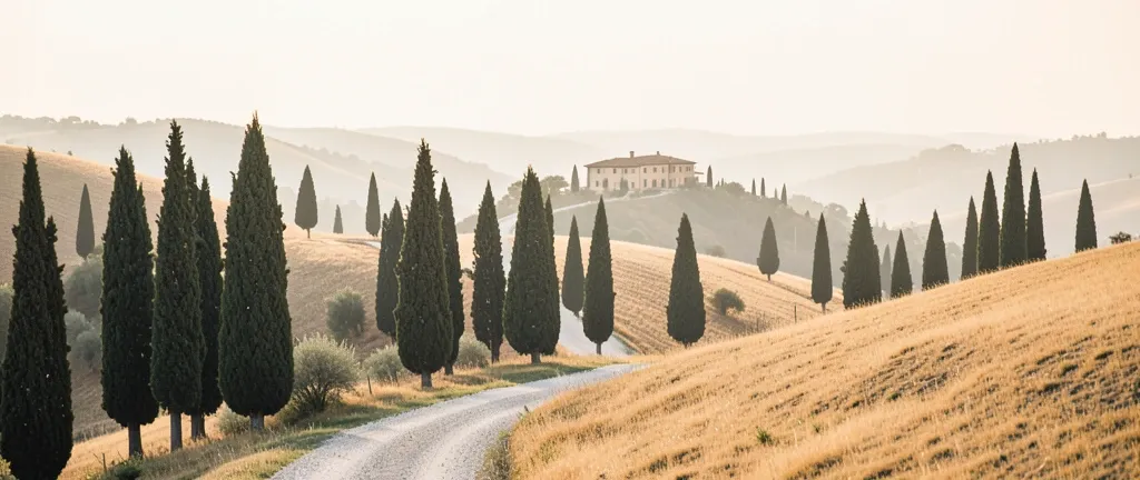 Rolling Tuscan hills with tall cypress trees, winding gravel road, and distant villa in soft hazy light