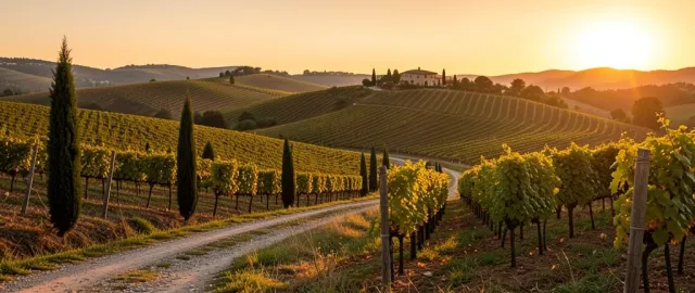 Rolling Tuscan vineyard hills with neat grapevine rows, cypress trees, dirt road, and farmhouse at sunset