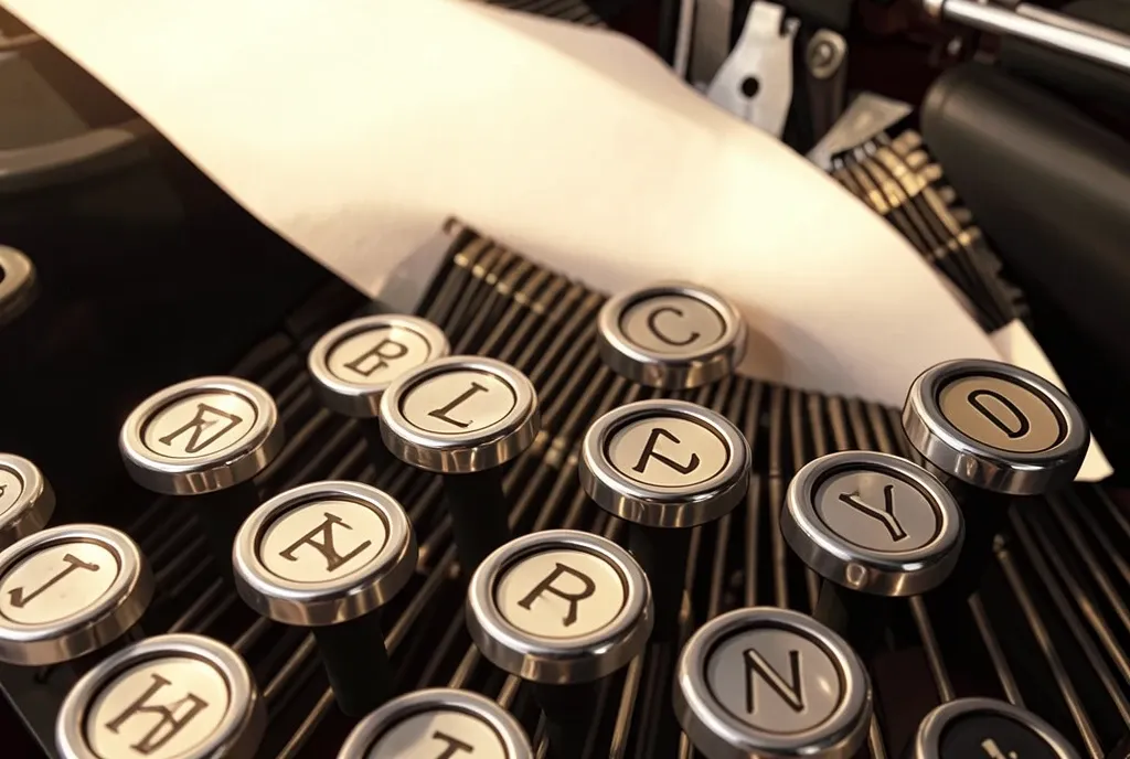 A close-up illustration of vintage typewriter keys with chrome rims, type bars and ribbon behind.