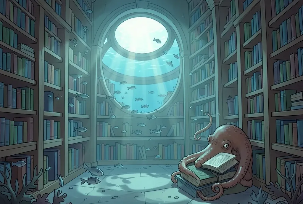 An underwater library with bookshelves, a round window, and an octopus reading a book.