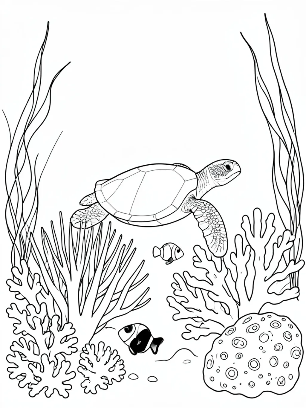 Coloring page outline of a reef with a sea turtle, clownfish, anemone and branching corals