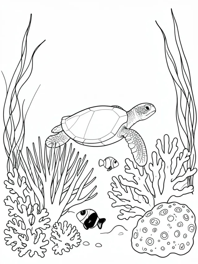 Coloring page outline of a reef with a sea turtle, clownfish, anemone and branching corals