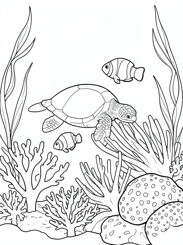 Coloring page outline of a reef with a sea turtle, clownfish, anemone and branching corals