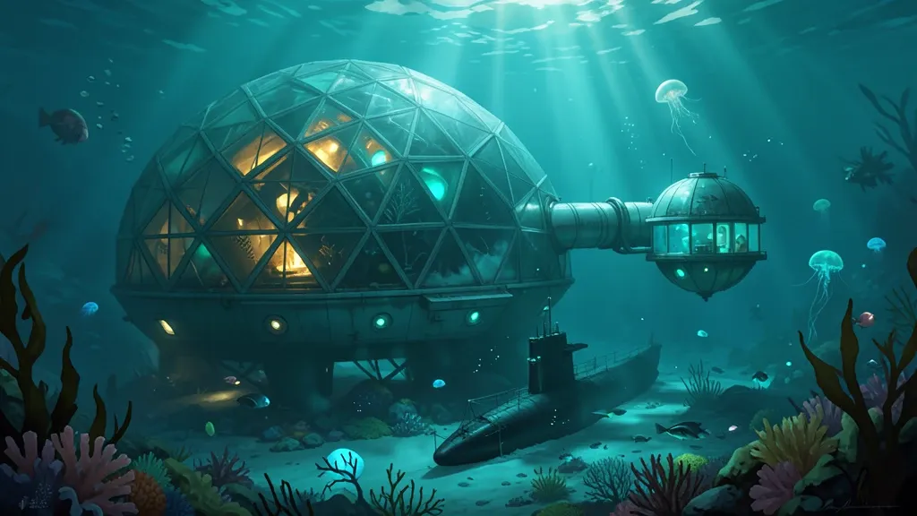 Underwater research station concept art with a glowing geodesic dome and submarine in deep teal and cyan