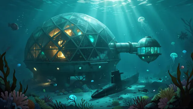 Underwater research station concept art with a glowing geodesic dome and submarine in deep teal and cyan