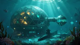 Underwater research station concept art with a glowing geodesic dome and submarine in deep teal and cyan