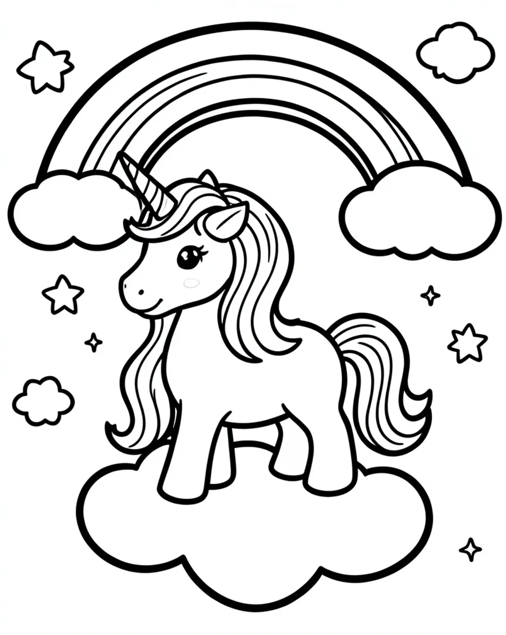 Cute unicorn rainbow kids coloring page with cartoon unicorn on cloud, spiral horn and stars in bold outlines