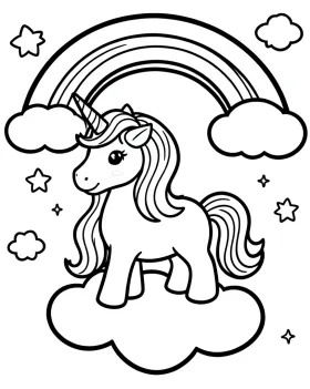 Cute unicorn rainbow kids coloring page with cartoon unicorn on cloud, spiral horn and stars in bold outlines