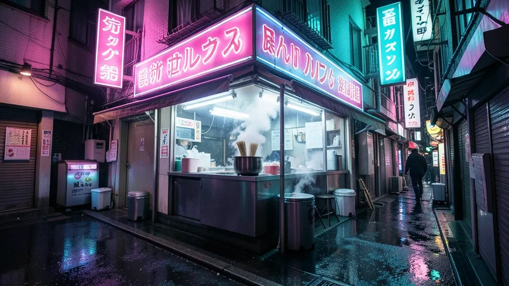 Vaporwave ramen stall with pink and cyan neon signs reflected on wet pavement at night