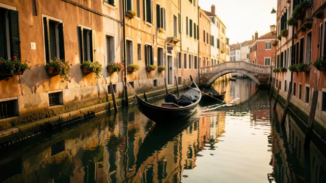 A lone gondola on a mirror-calm Venice side canal, colorful facades glowing amber at golden hour