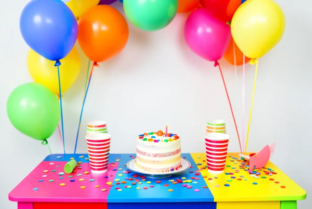 Vibrant kids birthday table with balloons, layered cake, paper cups, and confetti in bright colors