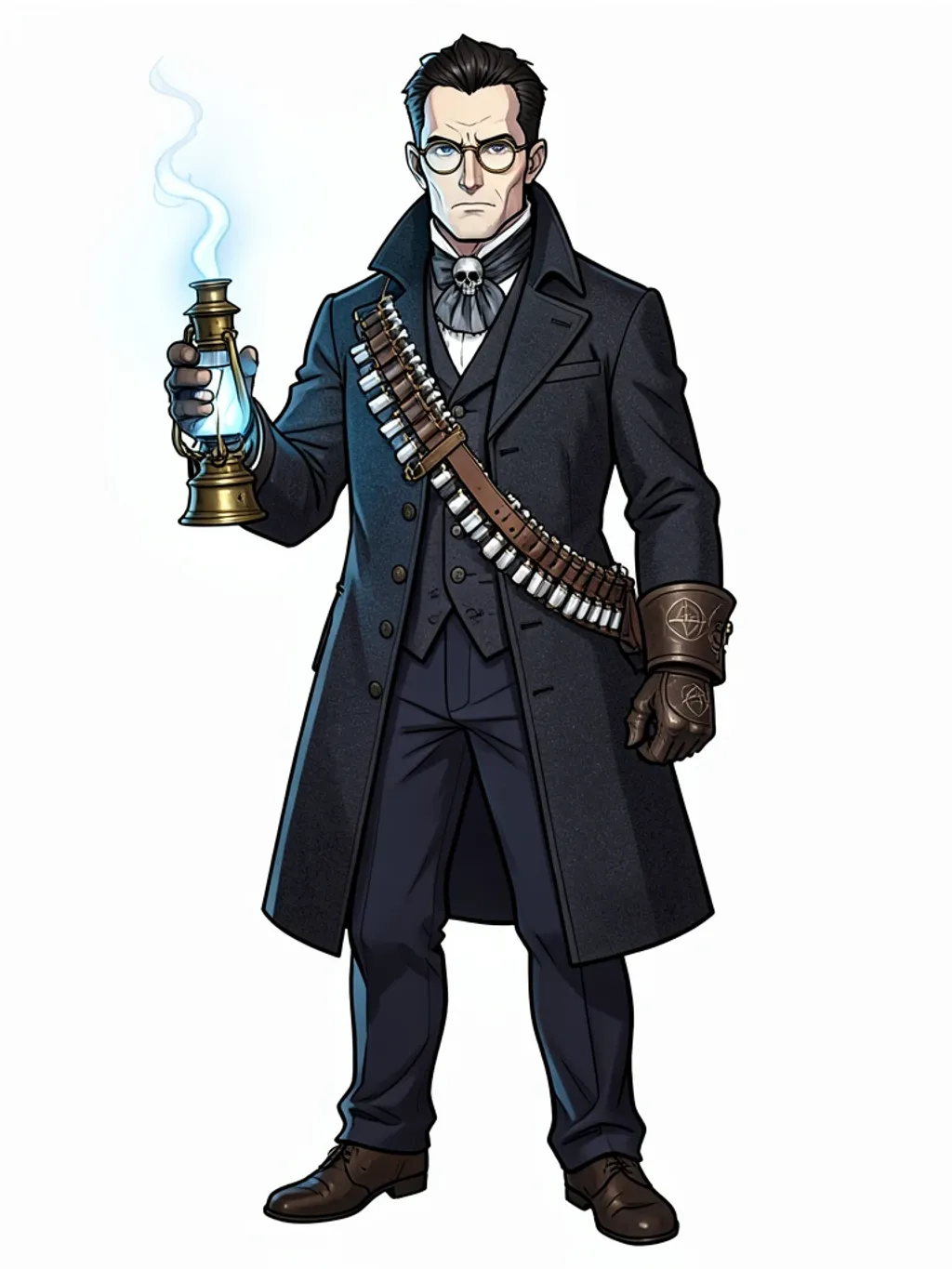 Victorian ghost hunter character with spirit lantern and salt vial bandolier in charcoal and spectral blue