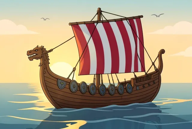 A viking longship with a striped sail and dragon head prow sailing at sunset.