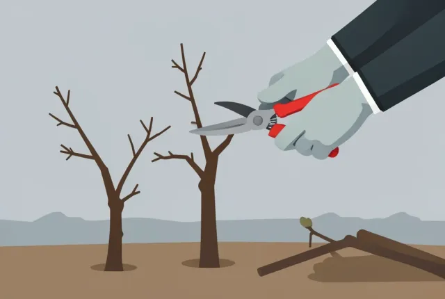 Flat illustration of gloved hands pruning a bare grapevine with red-handled secateurs