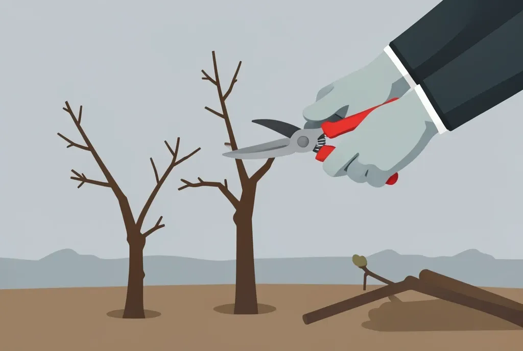 Flat illustration of gloved hands pruning a bare grapevine with red-handled secateurs