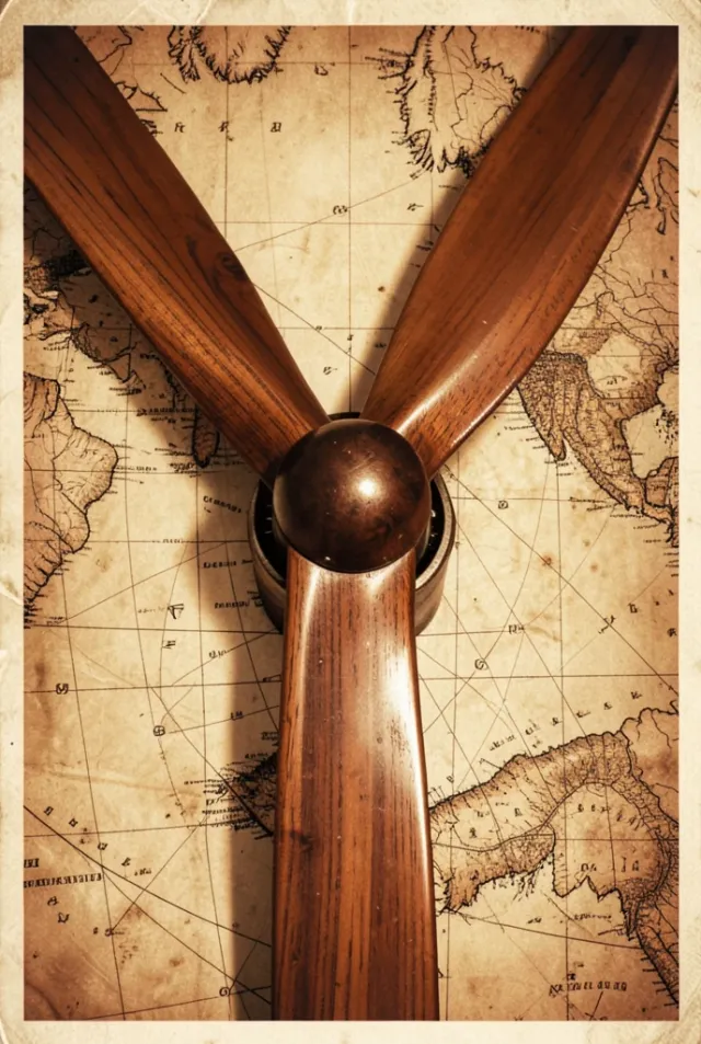Polished wooden airplane propeller close-up against a weathered map background in sepia tones