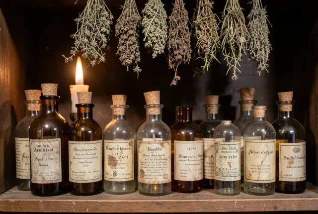 Collection of amber and clear vintage apothecary bottles with cork stoppers on a wooden shelf with dried herbs