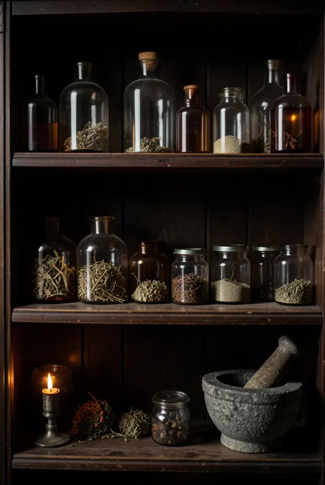 Vintage apothecary shelf with antique glass bottles, amber jars, dried herbs, and warm candlelight