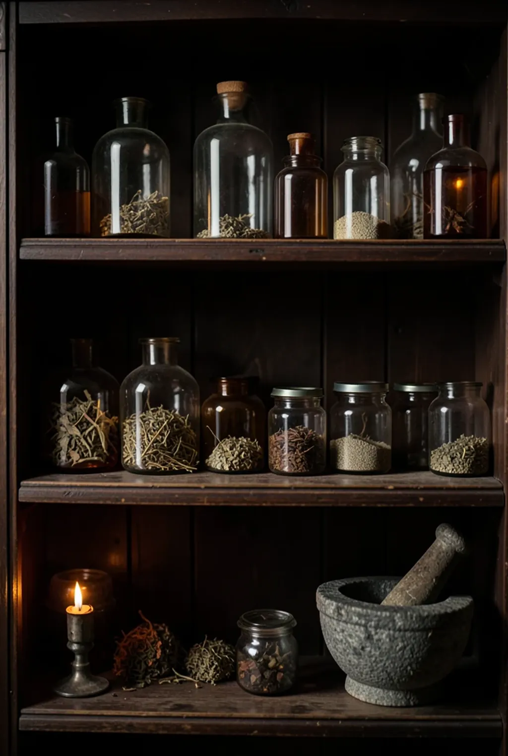 Vintage apothecary shelf with antique glass bottles, amber jars, dried herbs, and warm candlelight