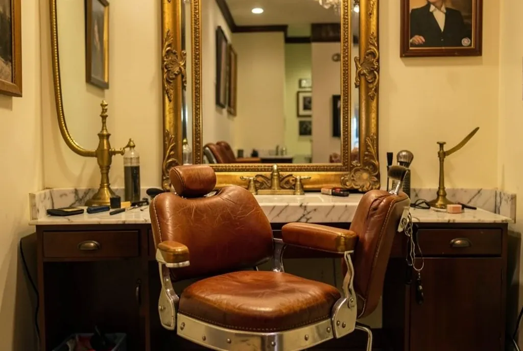 Classic leather barber chair in front of ornate framed mirror with brass fixtures and grooming tools