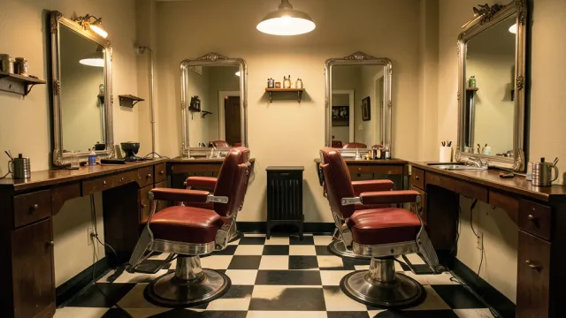 Vintage barber shop interior with red leather chairs, checkered floor, antique mirrors, and shaving mugs