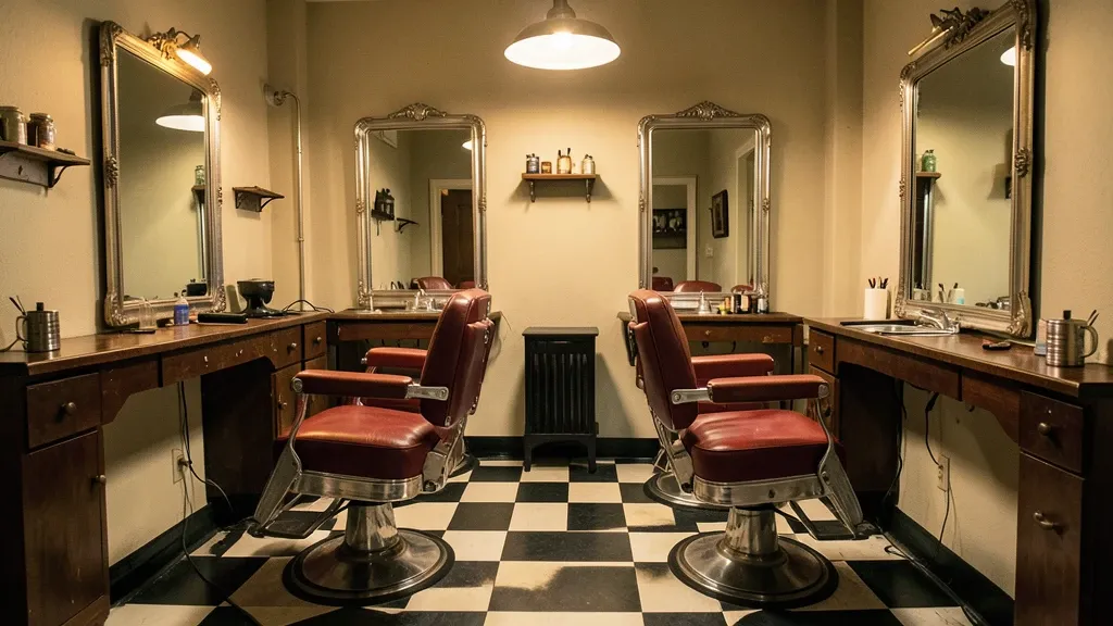 Vintage barber shop interior with red leather chairs, checkered floor, antique mirrors, and shaving mugs