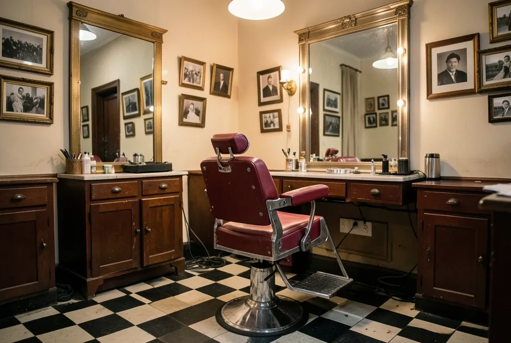 Vintage barber shop with red leather chair, large mirror, chrome fixtures, checkered floor, and framed photos