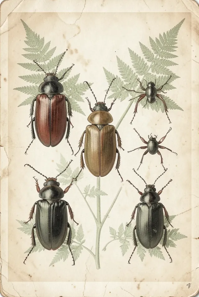 Detailed beetle specimens arranged with fern leaves on aged paper in sepia and muted green tones