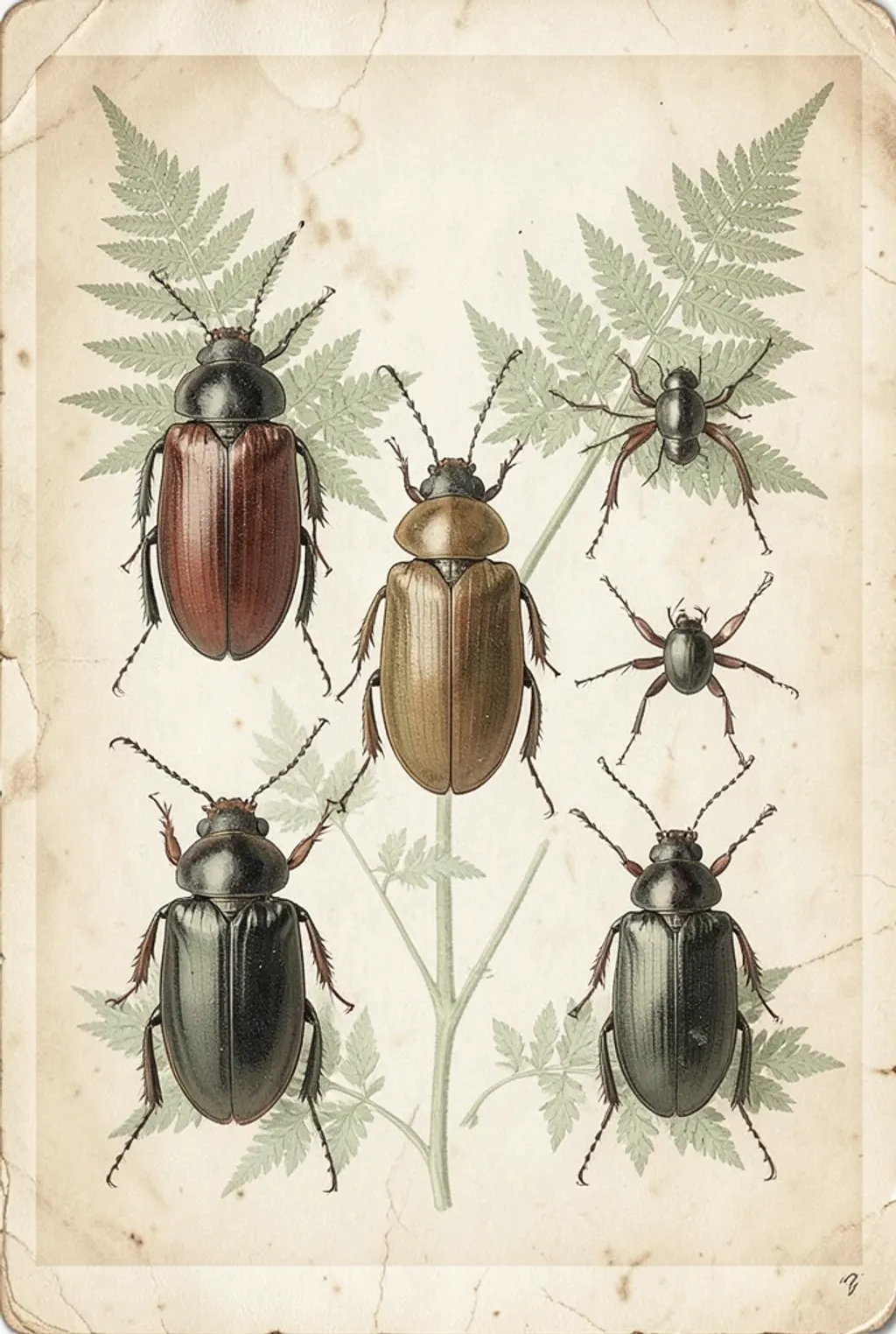 Detailed beetle specimens arranged with fern leaves on aged paper in sepia and muted green tones
