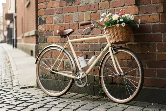 Vintage cream road bike with flower basket leaning against a weathered brick wall on a cobblestone street