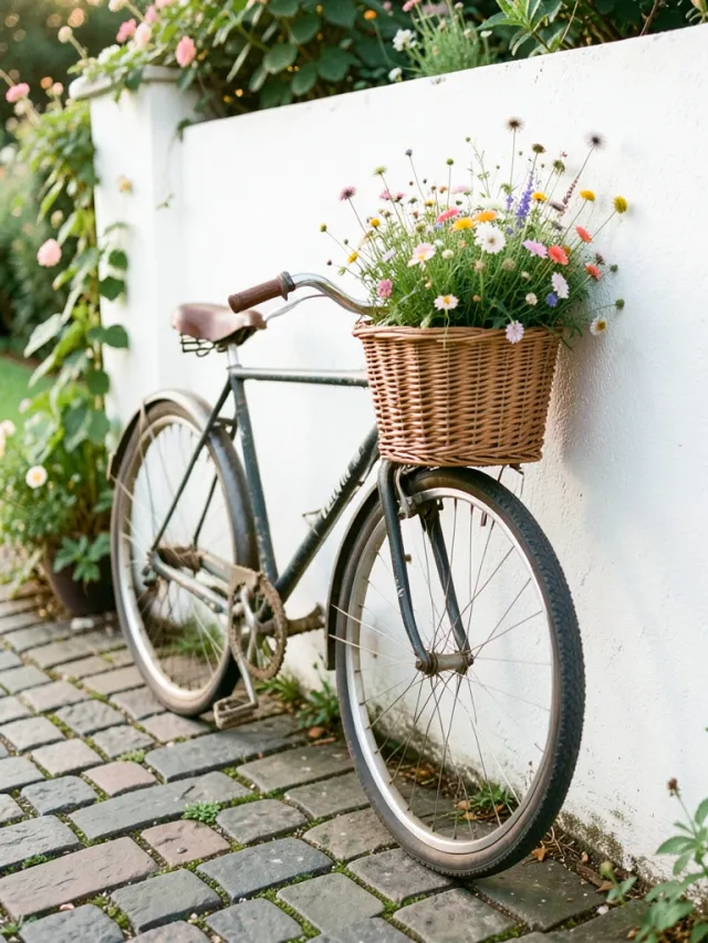 Vintage bicycle with a wicker basket overflowing with wildflowers against a white garden wall