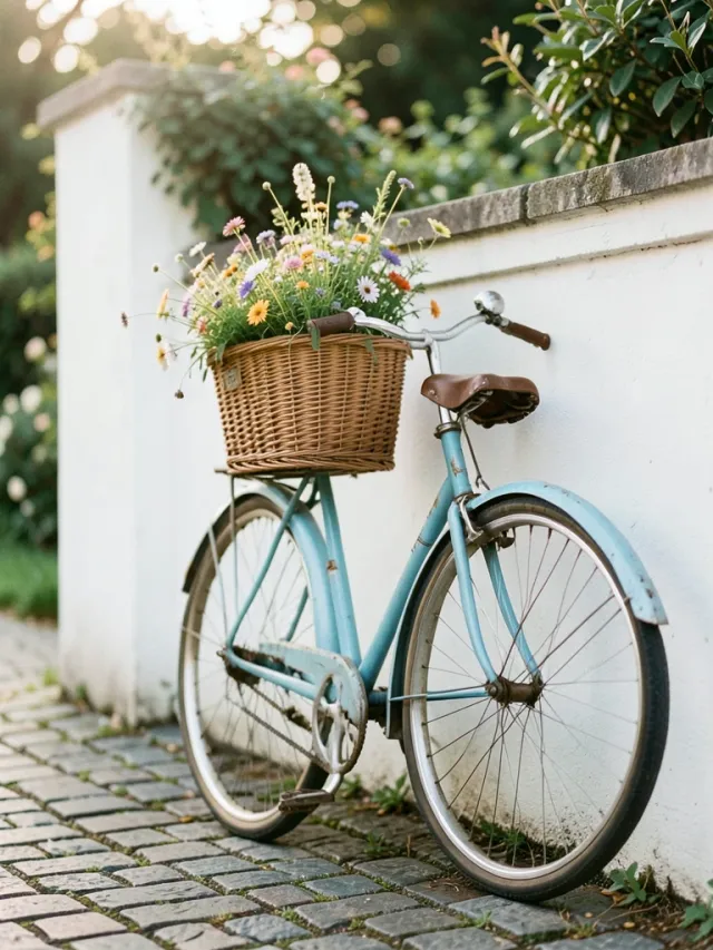 Vintage blue bicycle with wicker basket overflowing with wildflowers leaning against a white garden wall