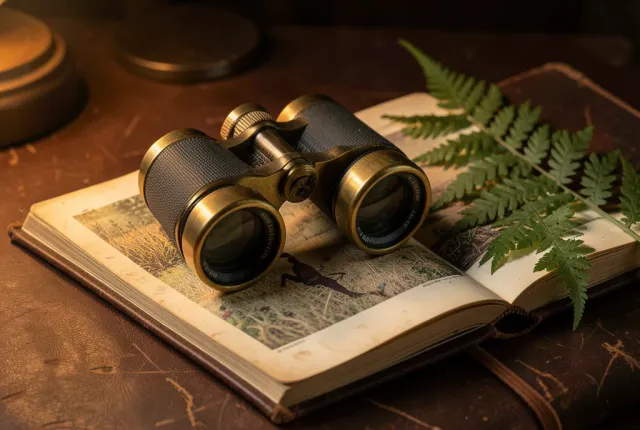Vintage brass binoculars on an open bird field guide with a pressed fern leaf on worn leather