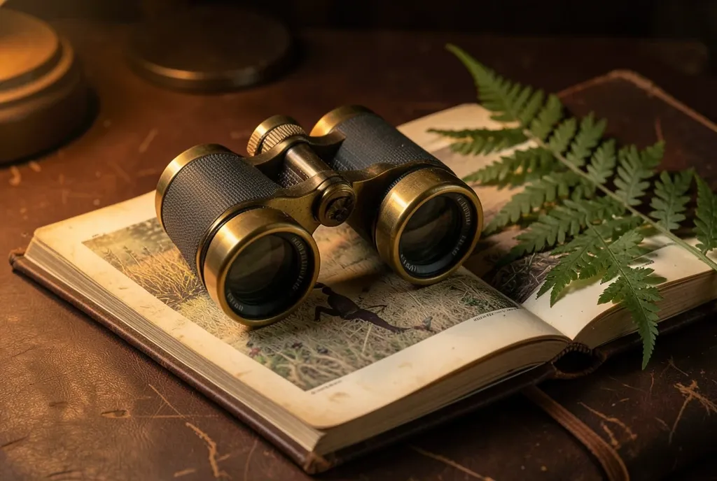 Vintage brass binoculars on an open bird field guide with a pressed fern leaf on worn leather