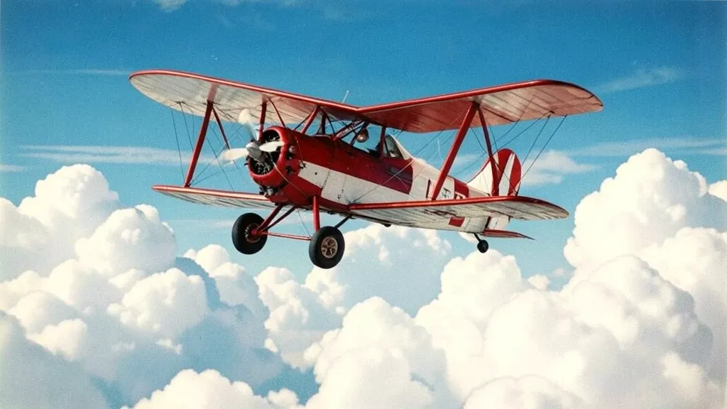 Vintage red-and-white biplane flying above fluffy white clouds under a bright blue sky