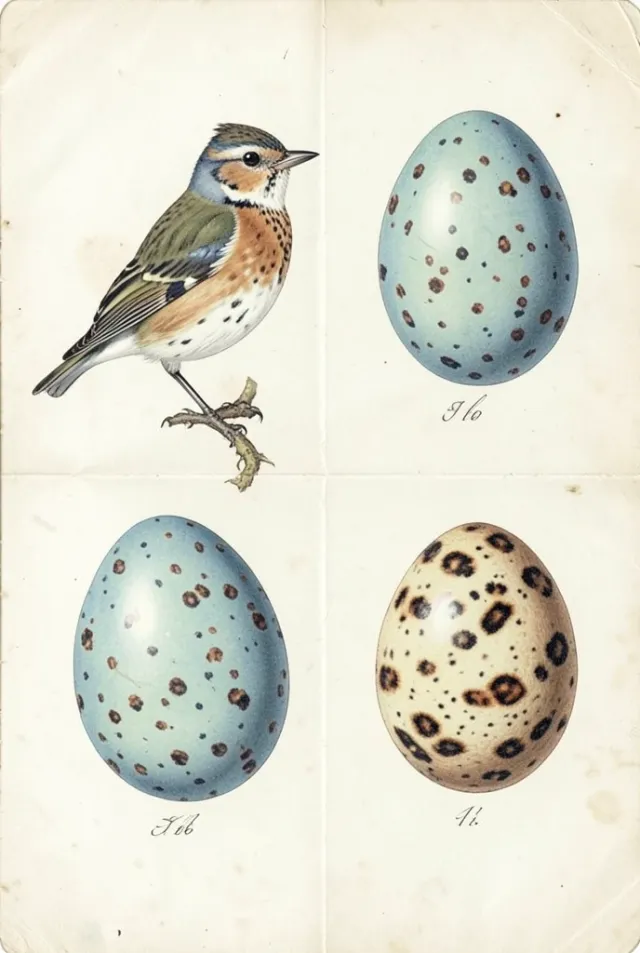 Vintage bird egg study print with speckled robin, bluebird, and quail eggs on aged cream paper