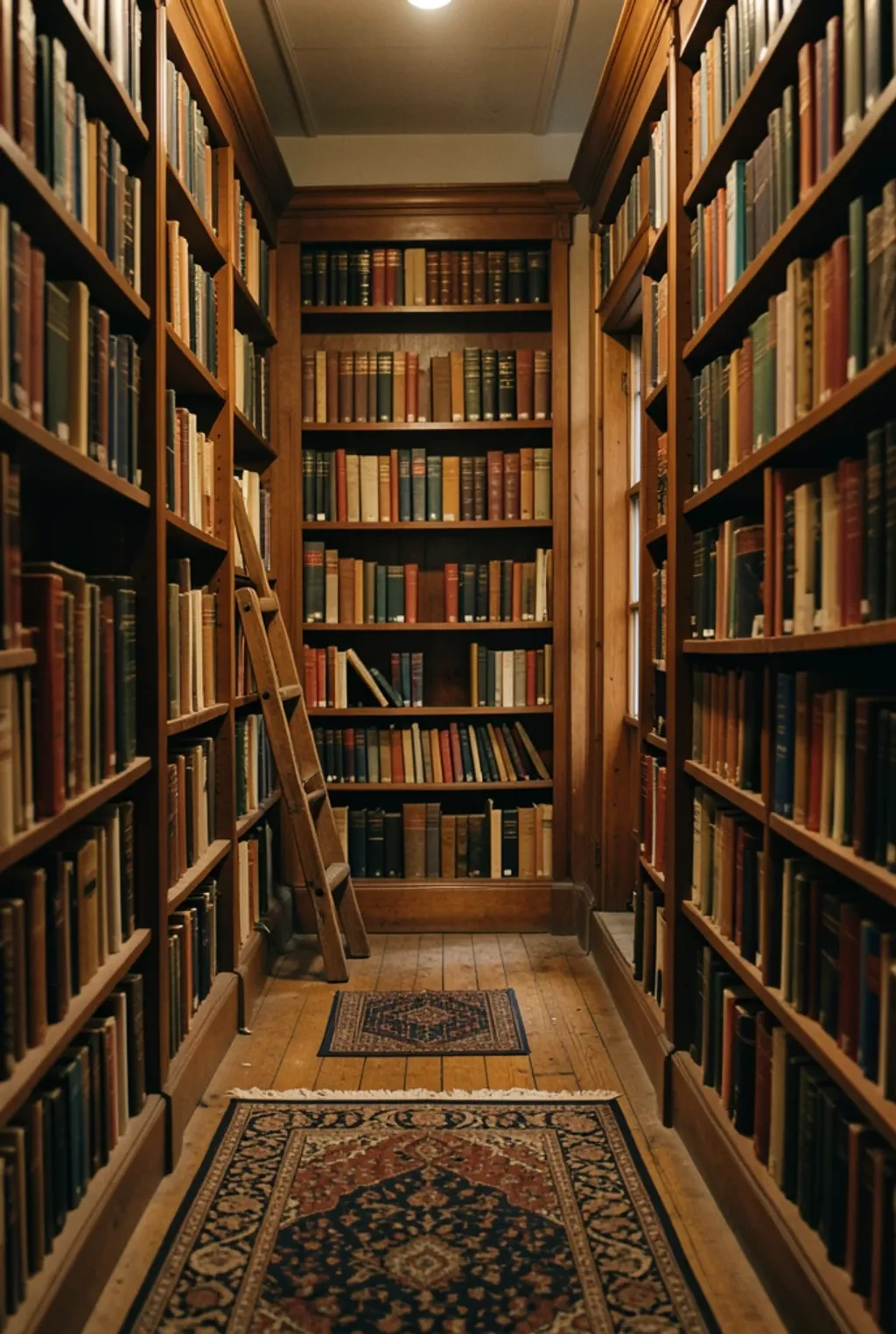 Narrow aisle between tall wooden bookshelves with worn hardcovers, rolling ladder, warm lamp glow, and rugs