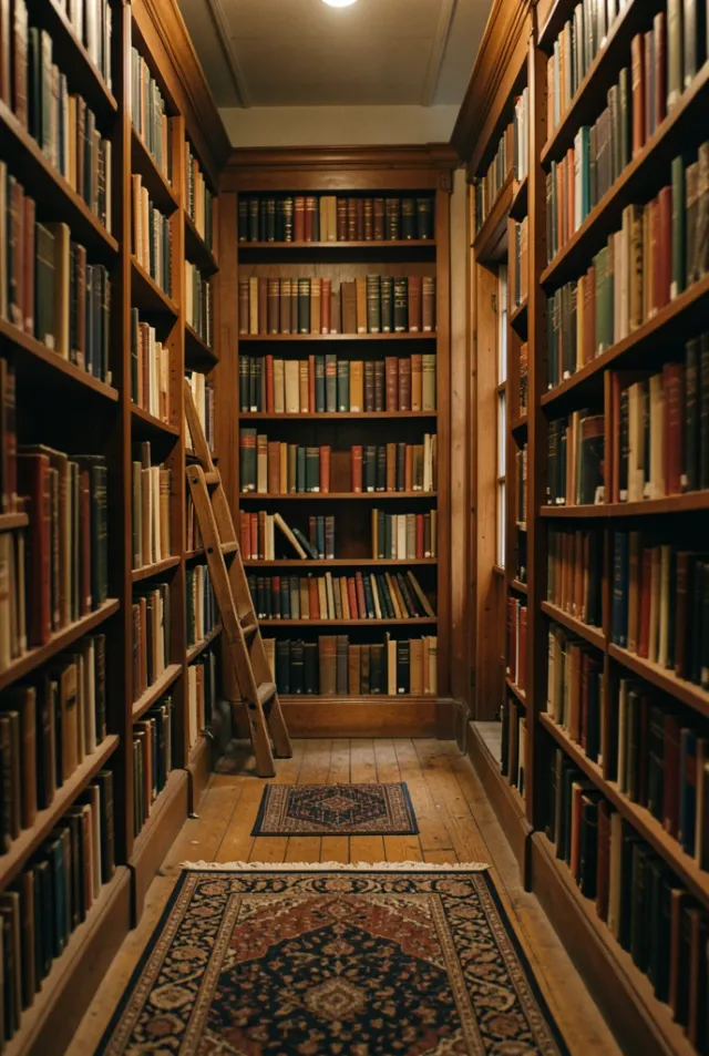 Narrow aisle between tall wooden bookshelves with worn hardcovers, rolling ladder, warm lamp glow, and rugs