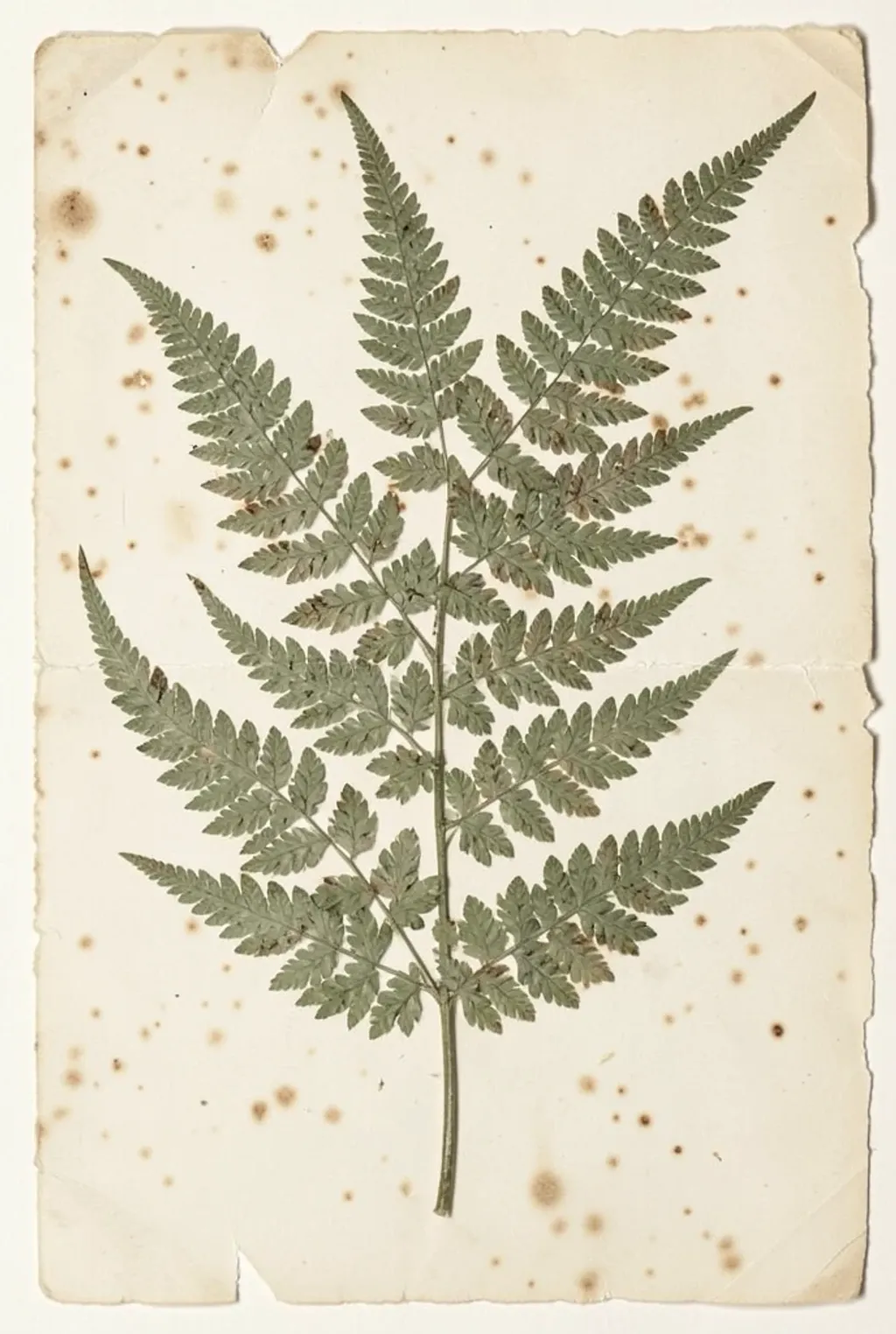 Detailed pressed fern fronds on aged cream paper with muted green and sepia antique botanical style