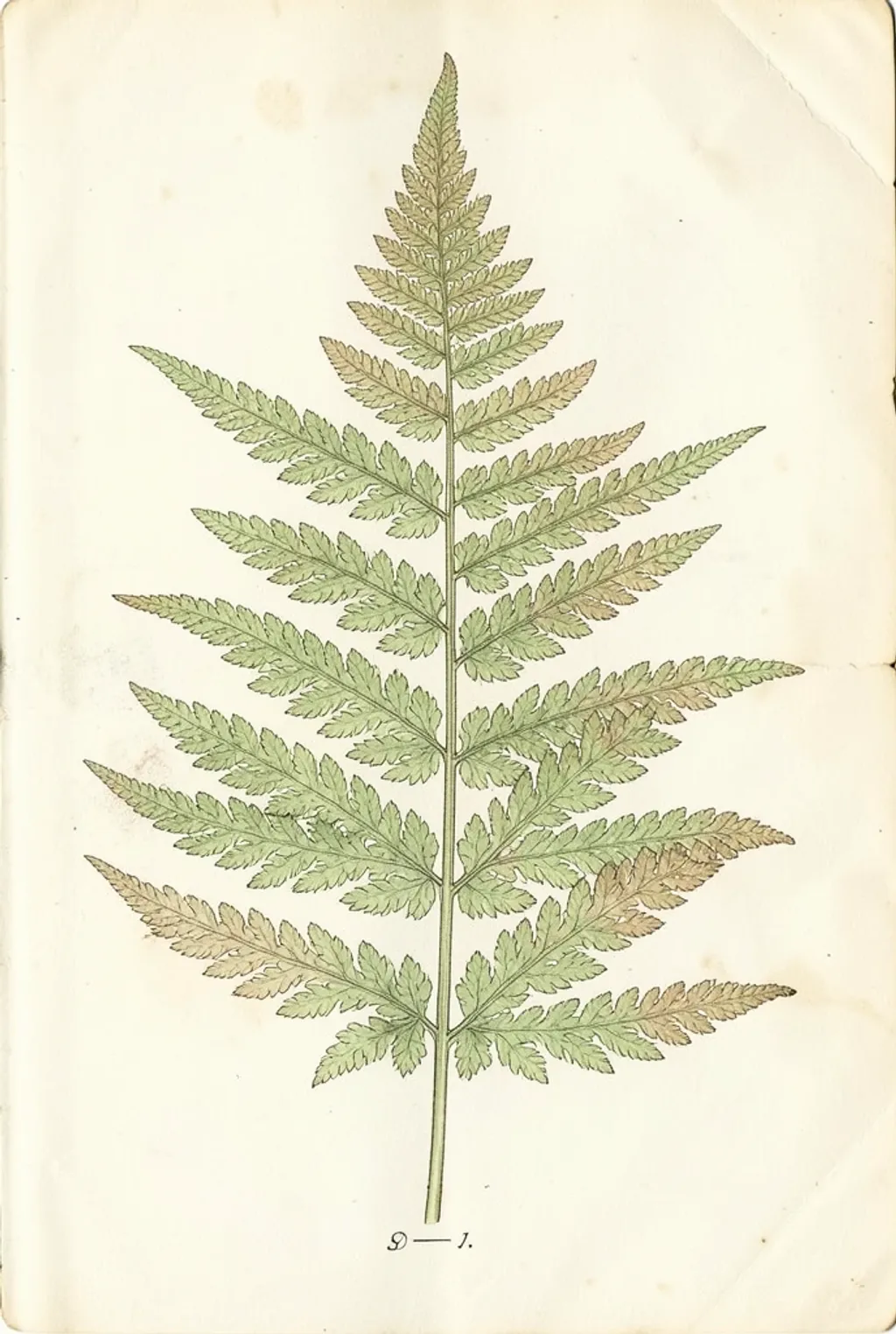 Vintage botanical fern study print with hand-tinted green fronds on aged cream paper