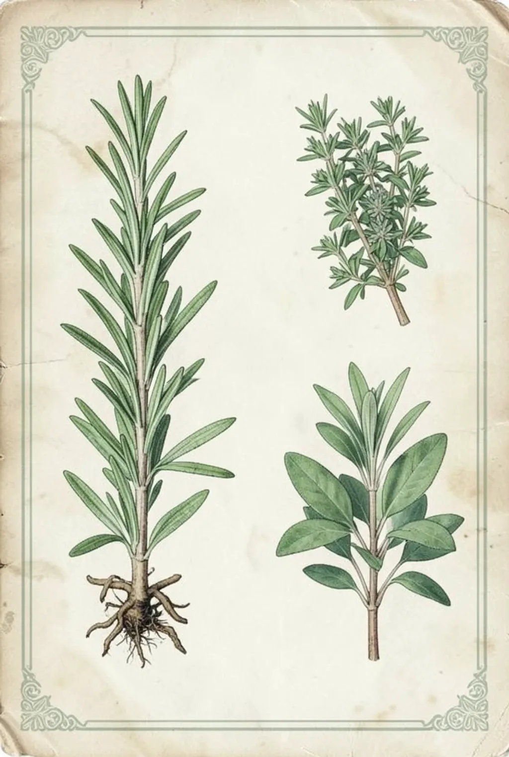 Detailed rosemary, thyme, and sage herbs arranged on aged parchment in vintage botanical style