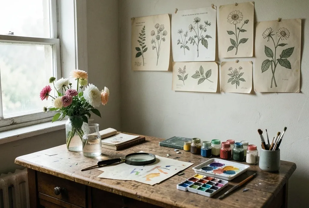 Vintage botanical illustration studio with pressed flowers, magnifying glass, watercolors, and old prints
